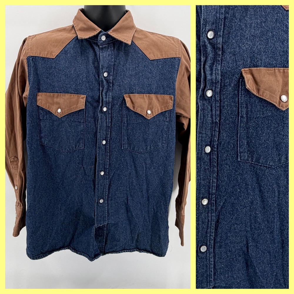 FORGE Workwear Men's Western Denim Pearl‎ Snap Shirt Blue Brown Contrast Size M